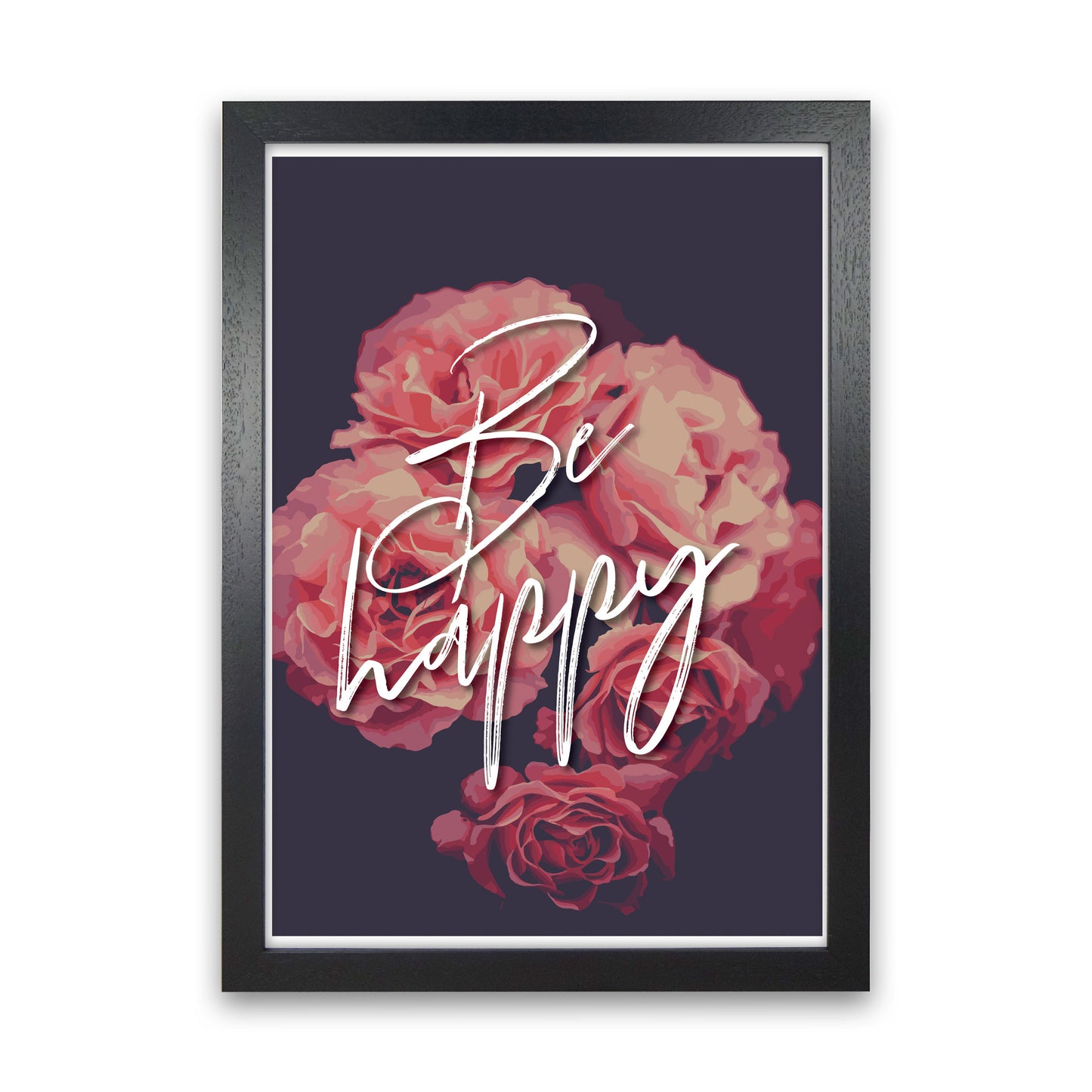 Be Happy Floral Modern Print, Framed Botanical & Nature Art Print Black Grain
