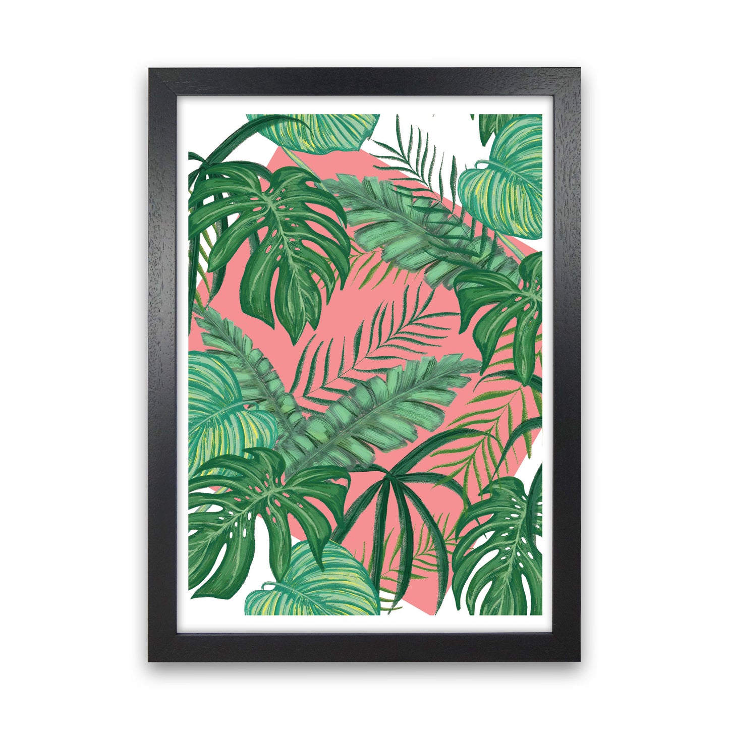 Abstract Leaves With Pink Background Modern Print, Framed Botanical Nature Art Black Grain