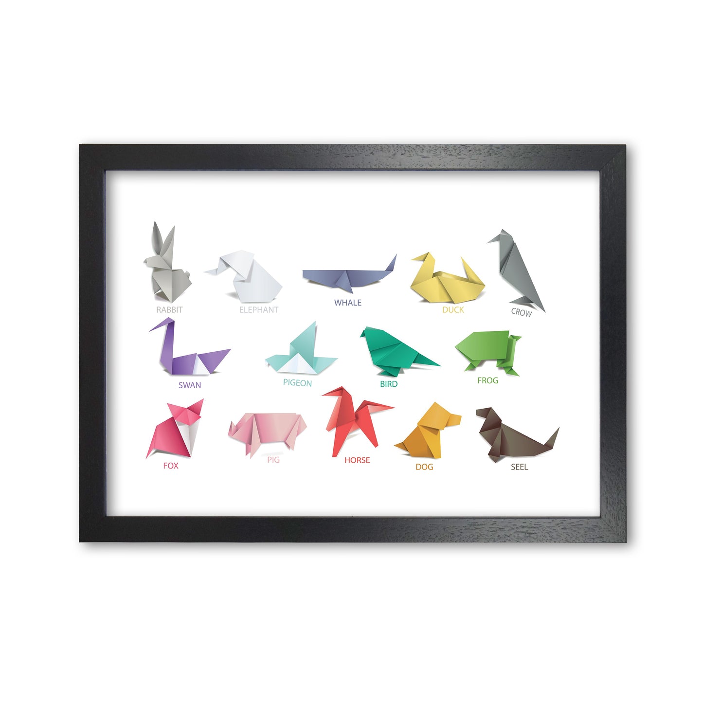 Origami Animals Modern Print Black Grain