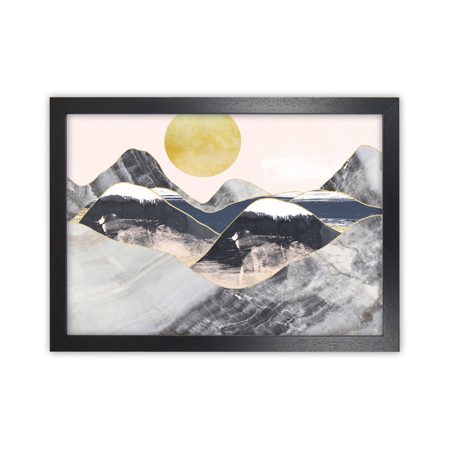 Gold Moon Navy Marble Mountains Landscape Art Print by Pixy Paper Black Grain