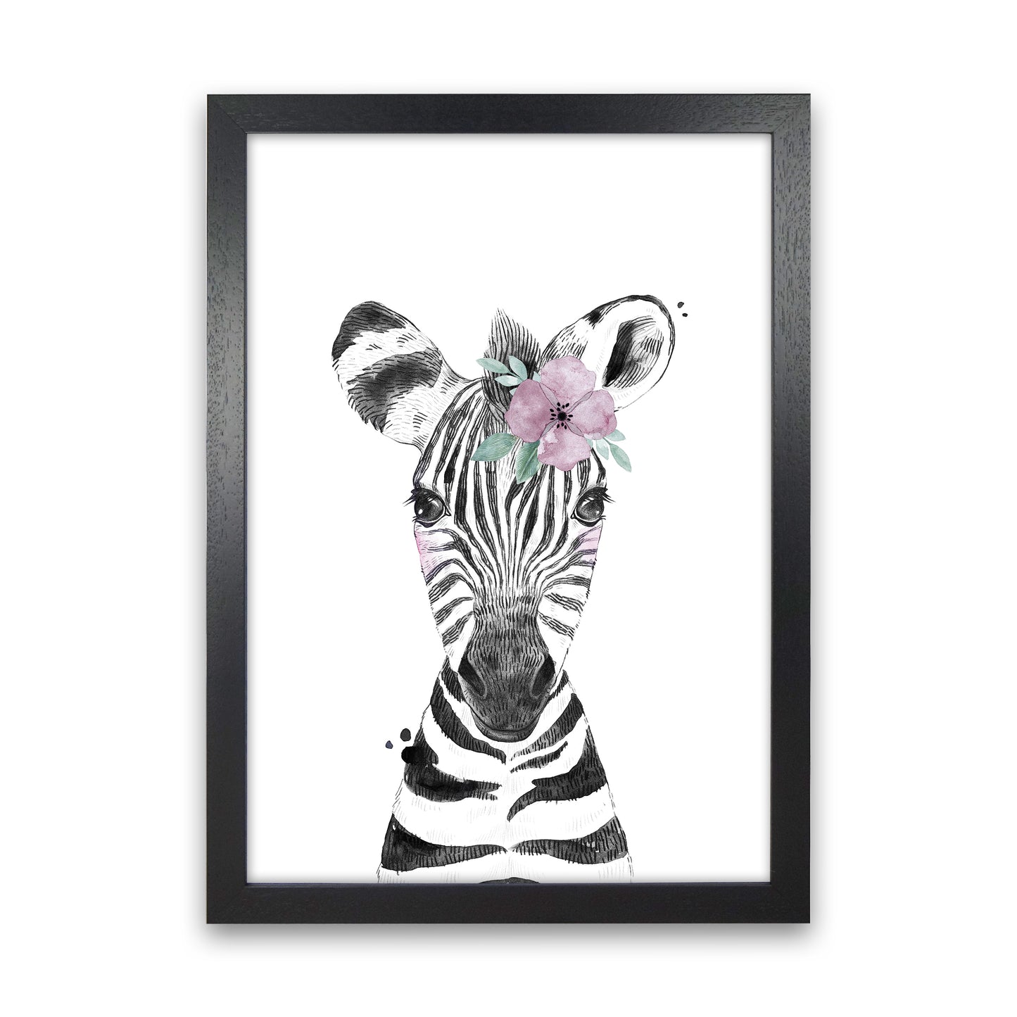 Safari Babies Zebra With Flower Art Print by Pixy Paper Black Grain