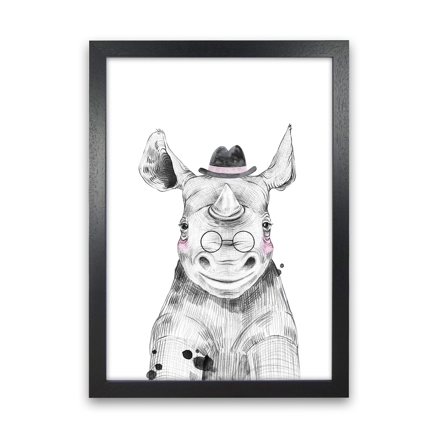Safari Babies Rhino With Hat Art Print by Pixy Paper Black Grain