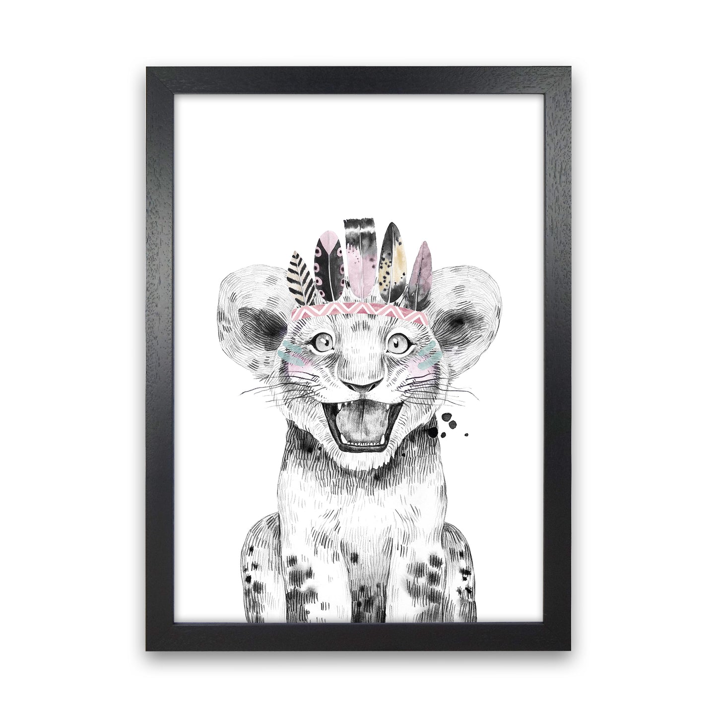 Safari Babies Tiger Feathers Art Print by Pixy Paper Black Grain