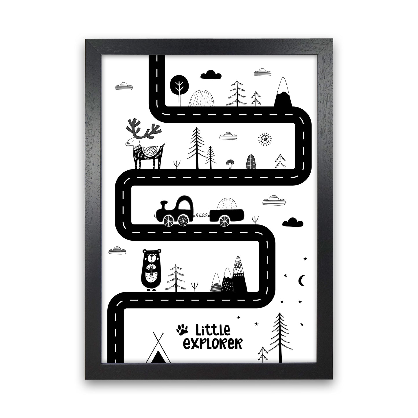 Little Explorer Track Art Print by Pixy Paper Black Grain