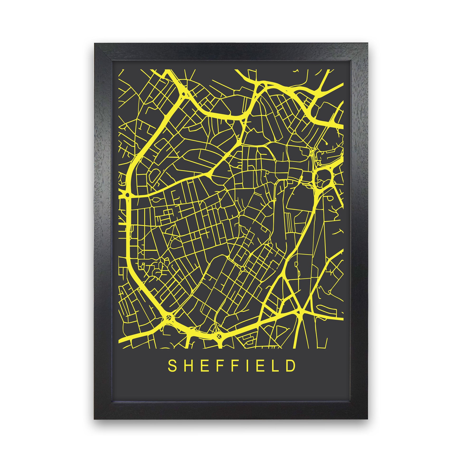 Sheffield Map Neon Art Print by Pixy Paper Black Grain