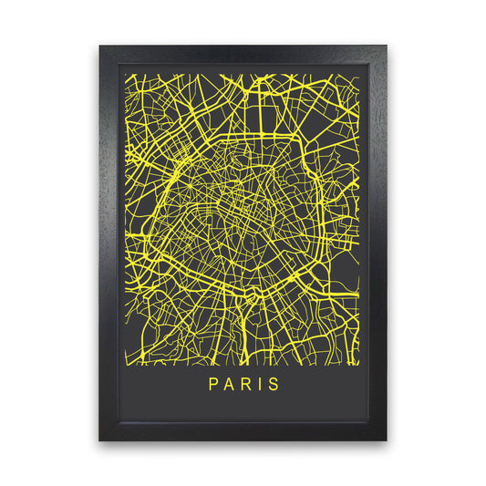 Paris Map Neon Art Print by Pixy Paper Black Grain