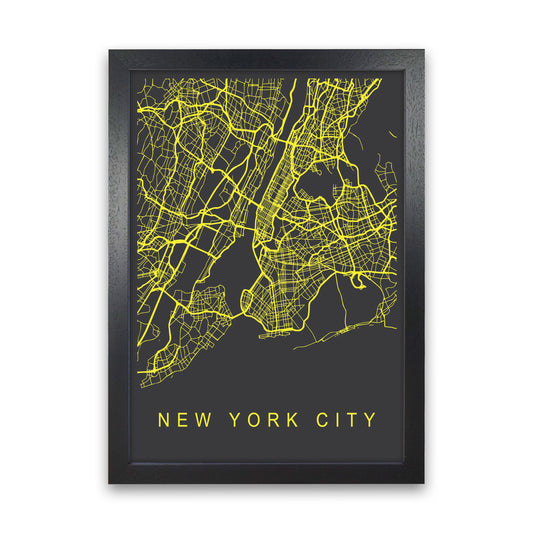 New York City Map Neon Art Print by Pixy Paper Black Grain