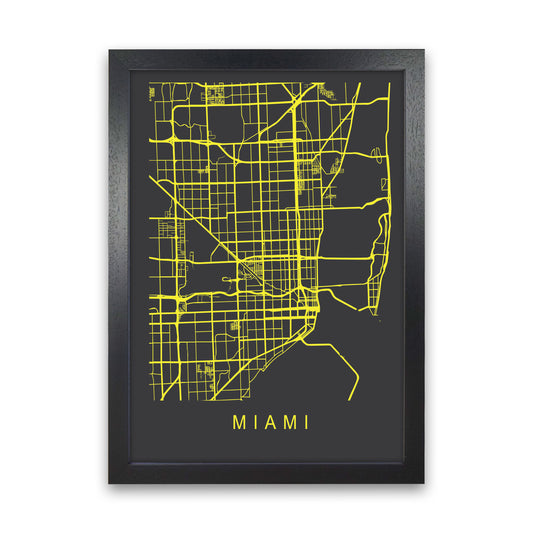 Miami Map Neon Art Print by Pixy Paper Black Grain