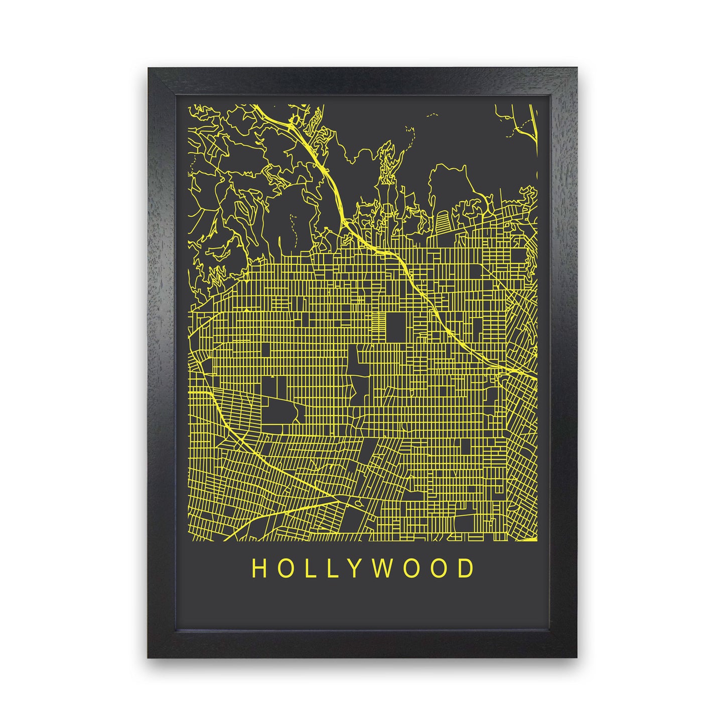 Hollywood Map Neon Art Print by Pixy Paper Black Grain