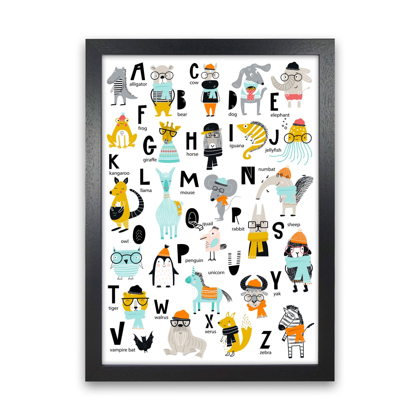 ABC Animals cool Art Print by Pixy Paper Black Grain