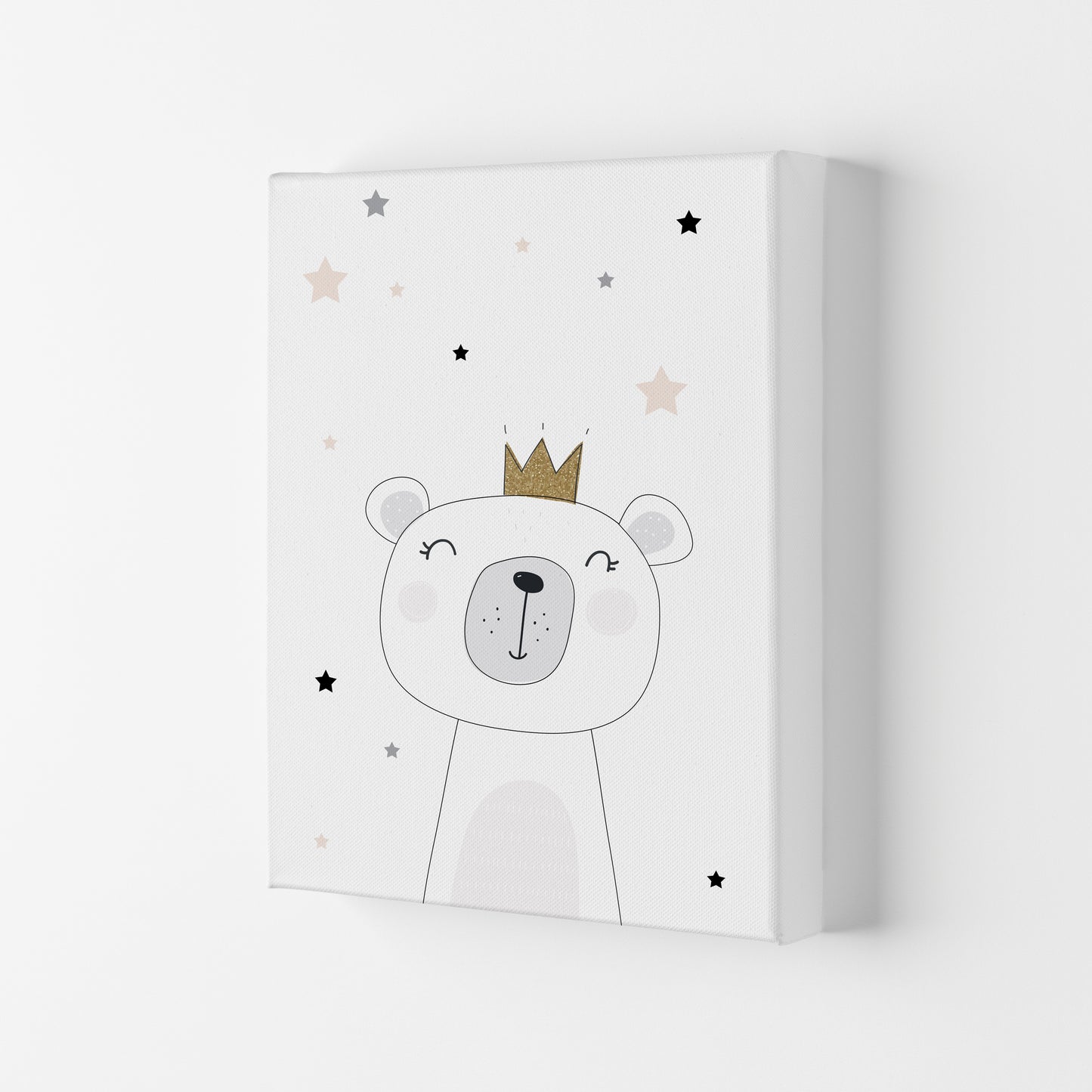 Scandi Cute Bear With Crown And Stars Print, Framed Childrens Wall Art Canvas