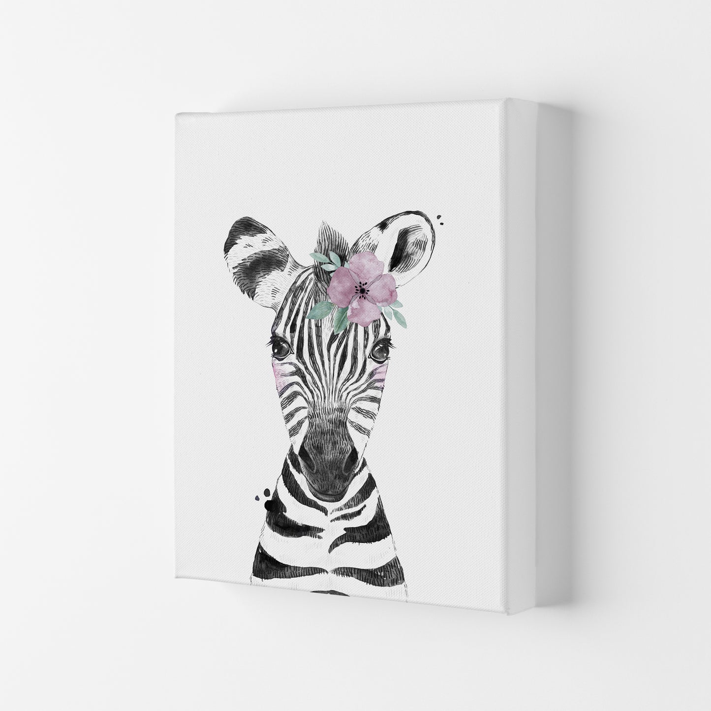 Safari Babies Zebra With Flower Art Print by Pixy Paper Canvas
