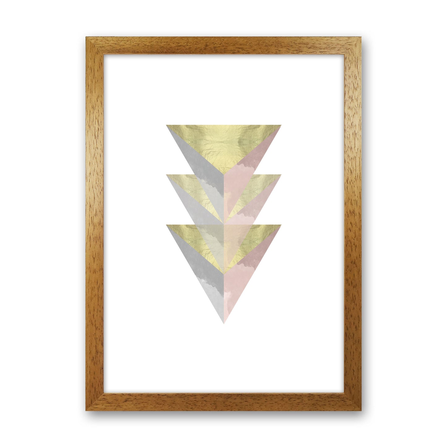 Gold, Pink And Grey Abstract Triangles Modern Print Oak Grain