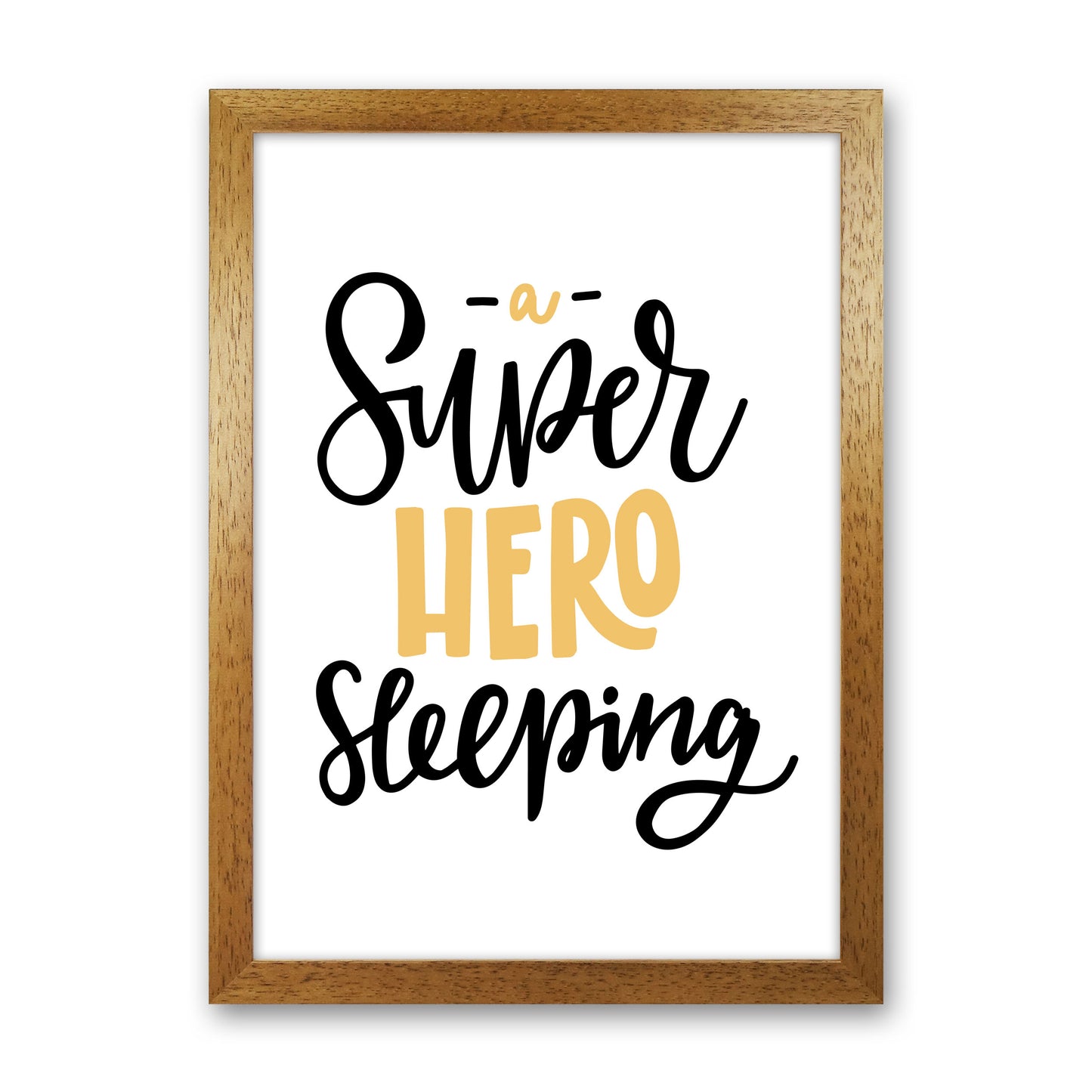 Superhero Sleeping Mustard And Black Framed Nursey Wall Art Print Oak Grain