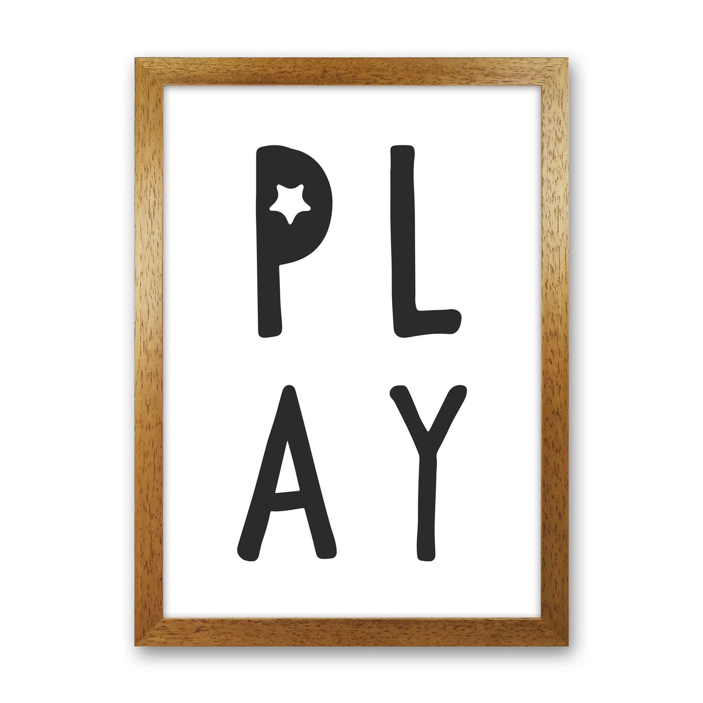 Play Black Framed Typography Wall Art Print Oak Grain