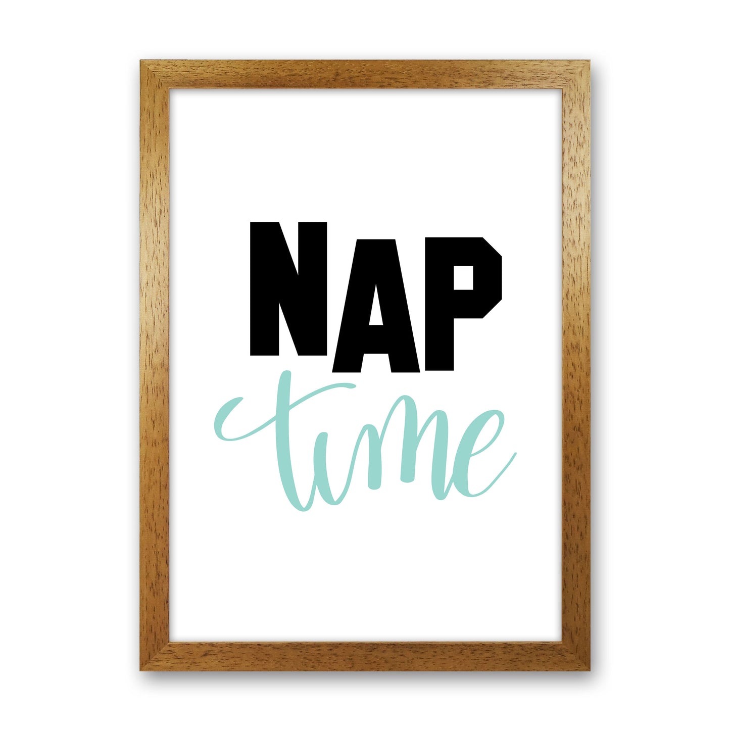Nap Time Black And Mint Framed Typography Wall Art Print Oak Grain