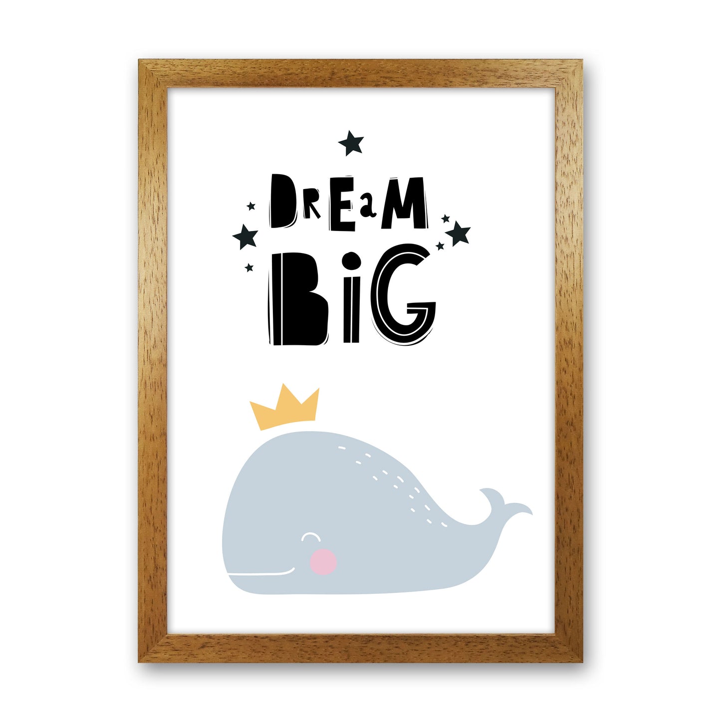 Dream Big Whale Framed Nursey Wall Art Print Oak Grain