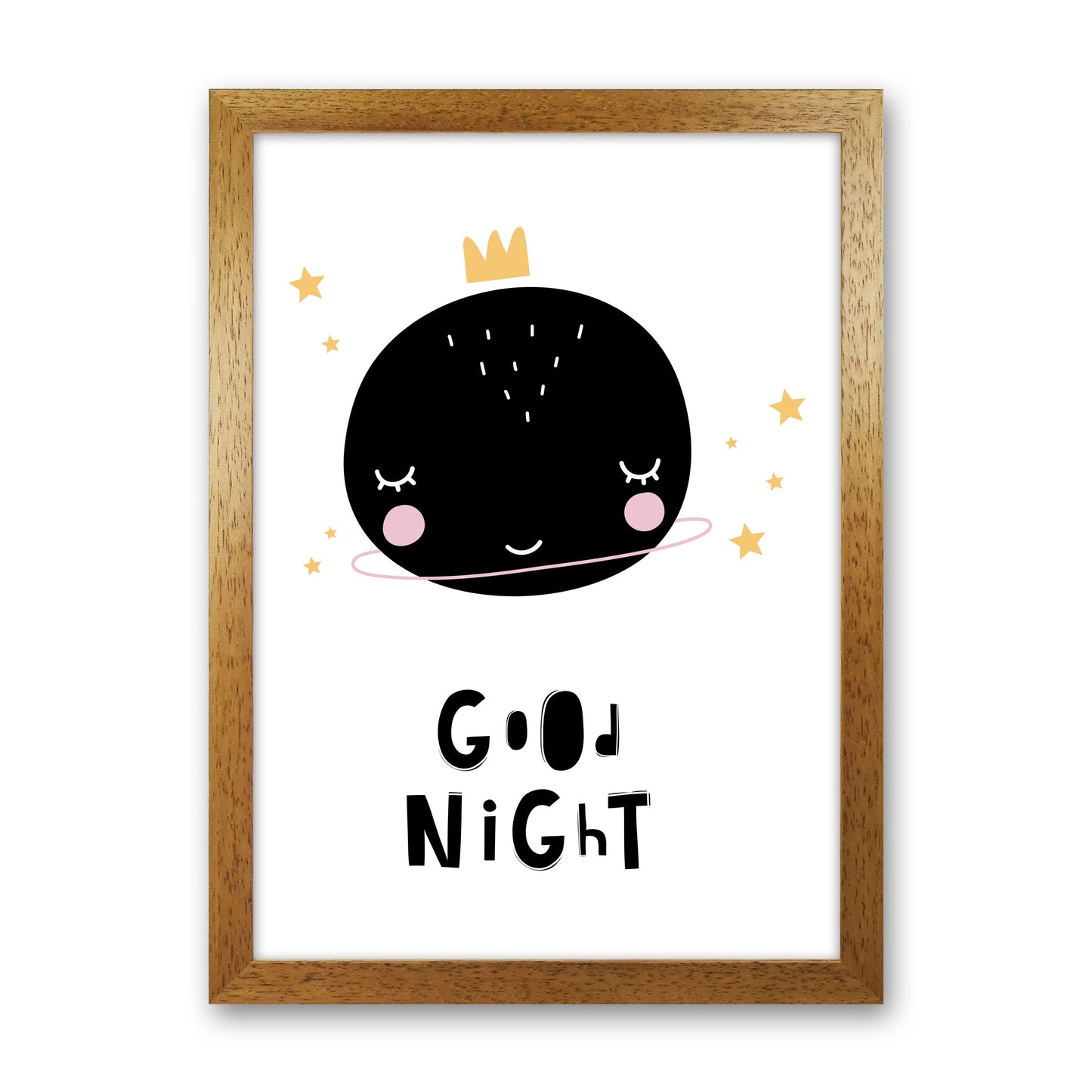 Good Night Planet Framed Nursey Wall Art Print Oak Grain