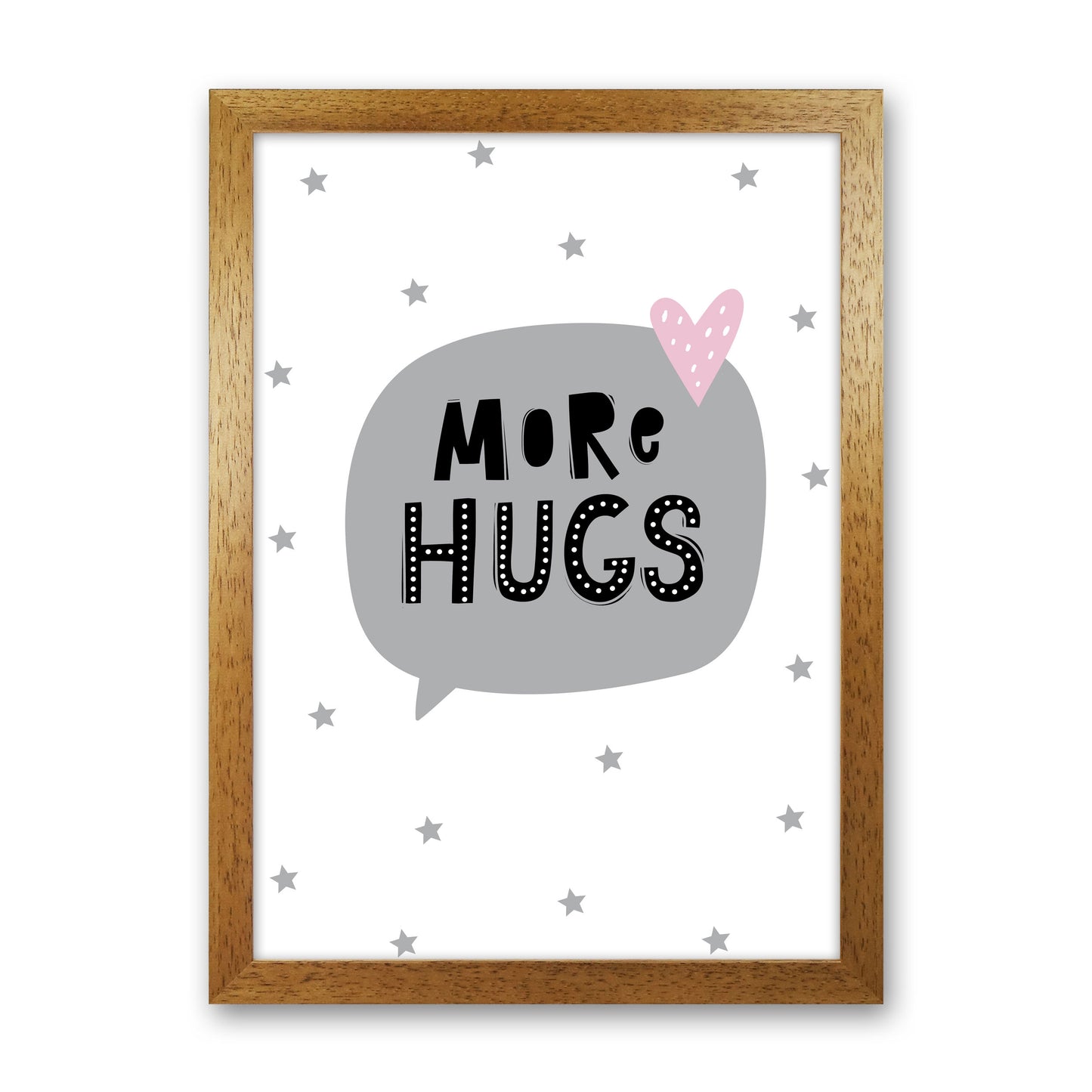 More Hugs Speech Bubble Framed Typography Wall Art Print Oak Grain