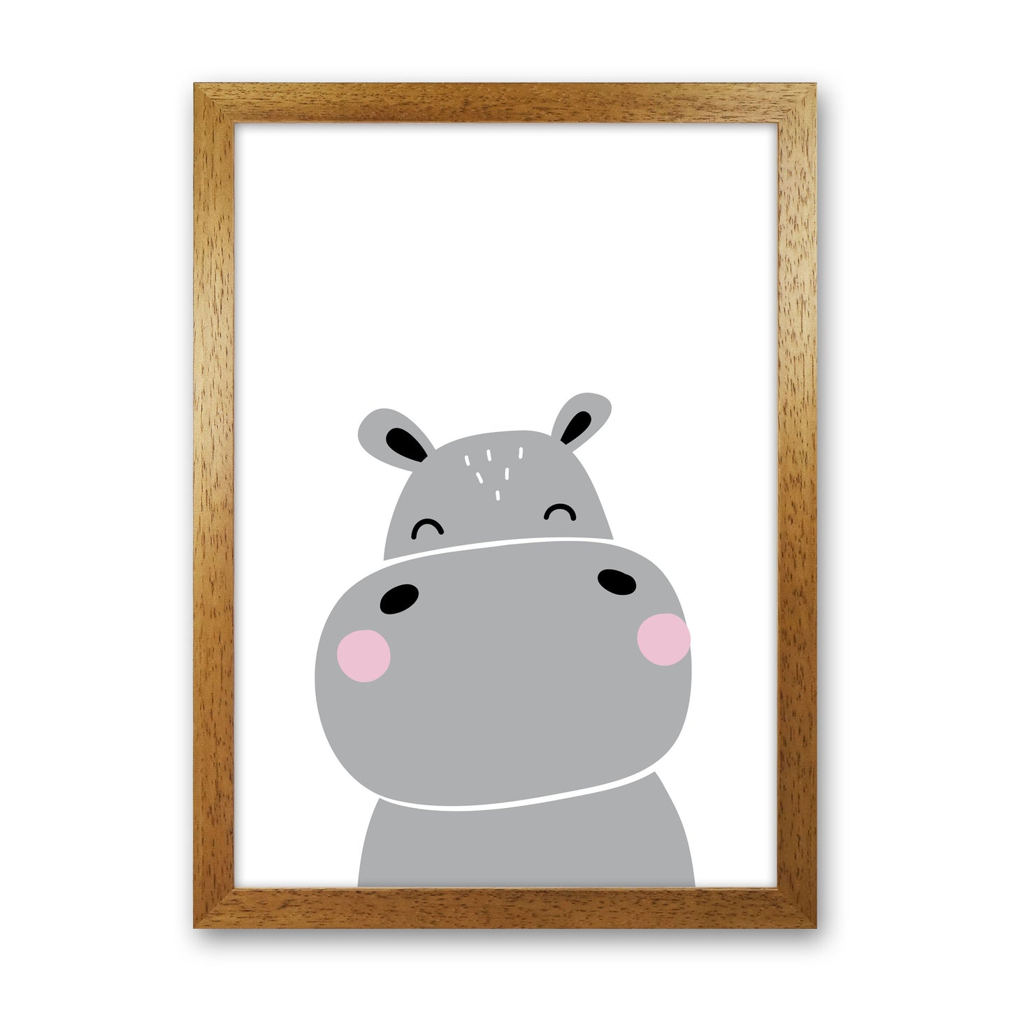 Scandi Hippo Framed Nursey Wall Art Print Oak Grain