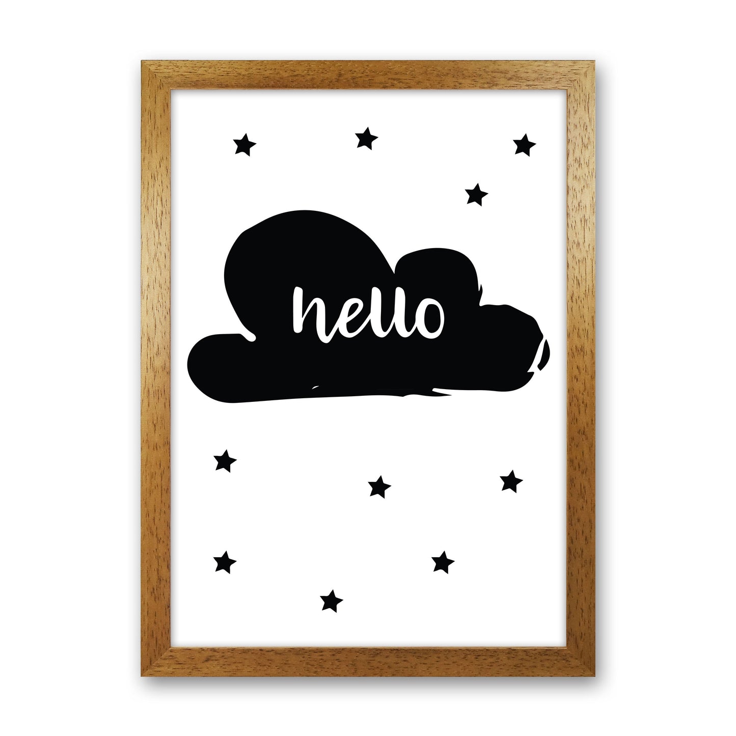 Hello Cloud Black Framed Nursey Wall Art Print Oak Grain