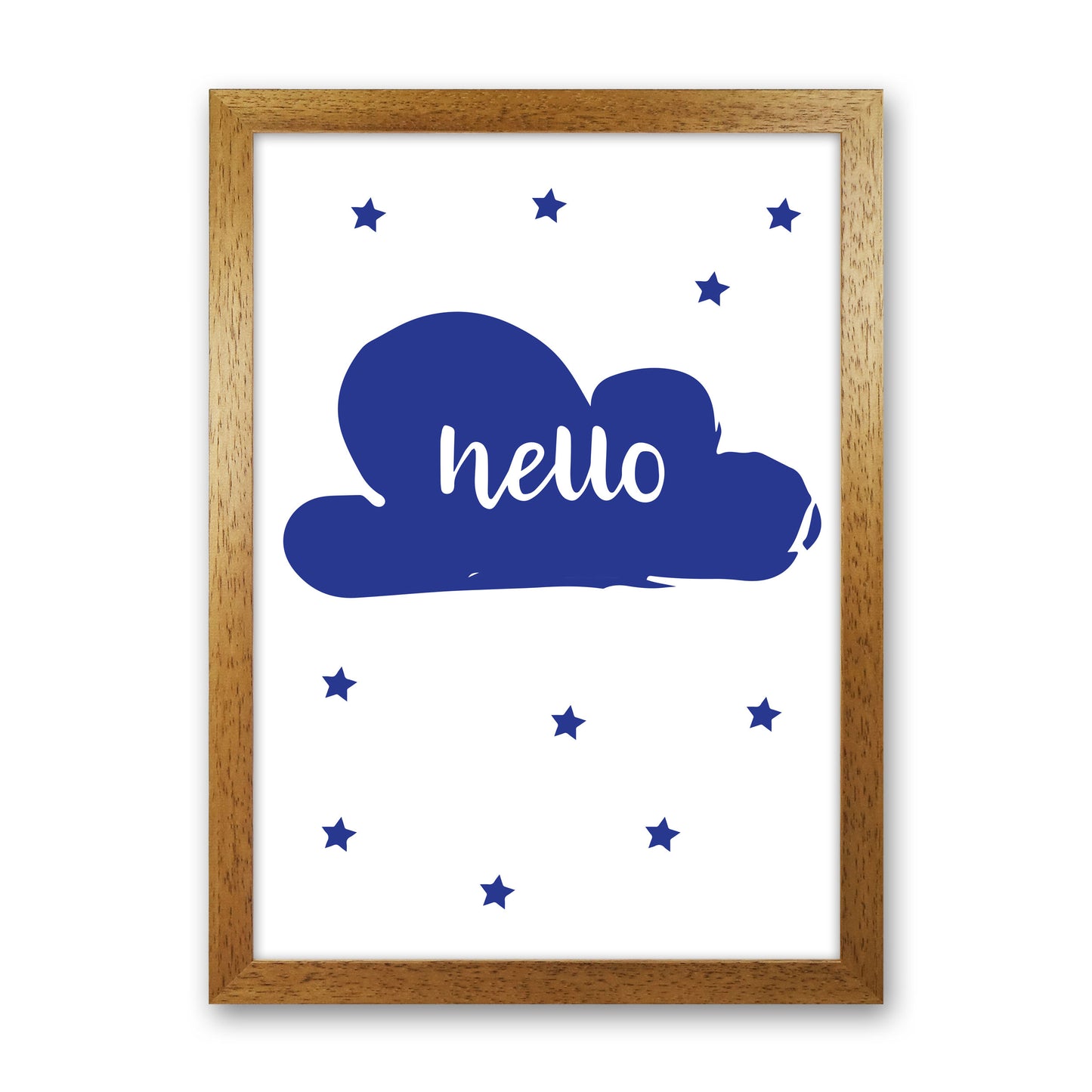 Hello Cloud Navy Framed Nursey Wall Art Print Oak Grain