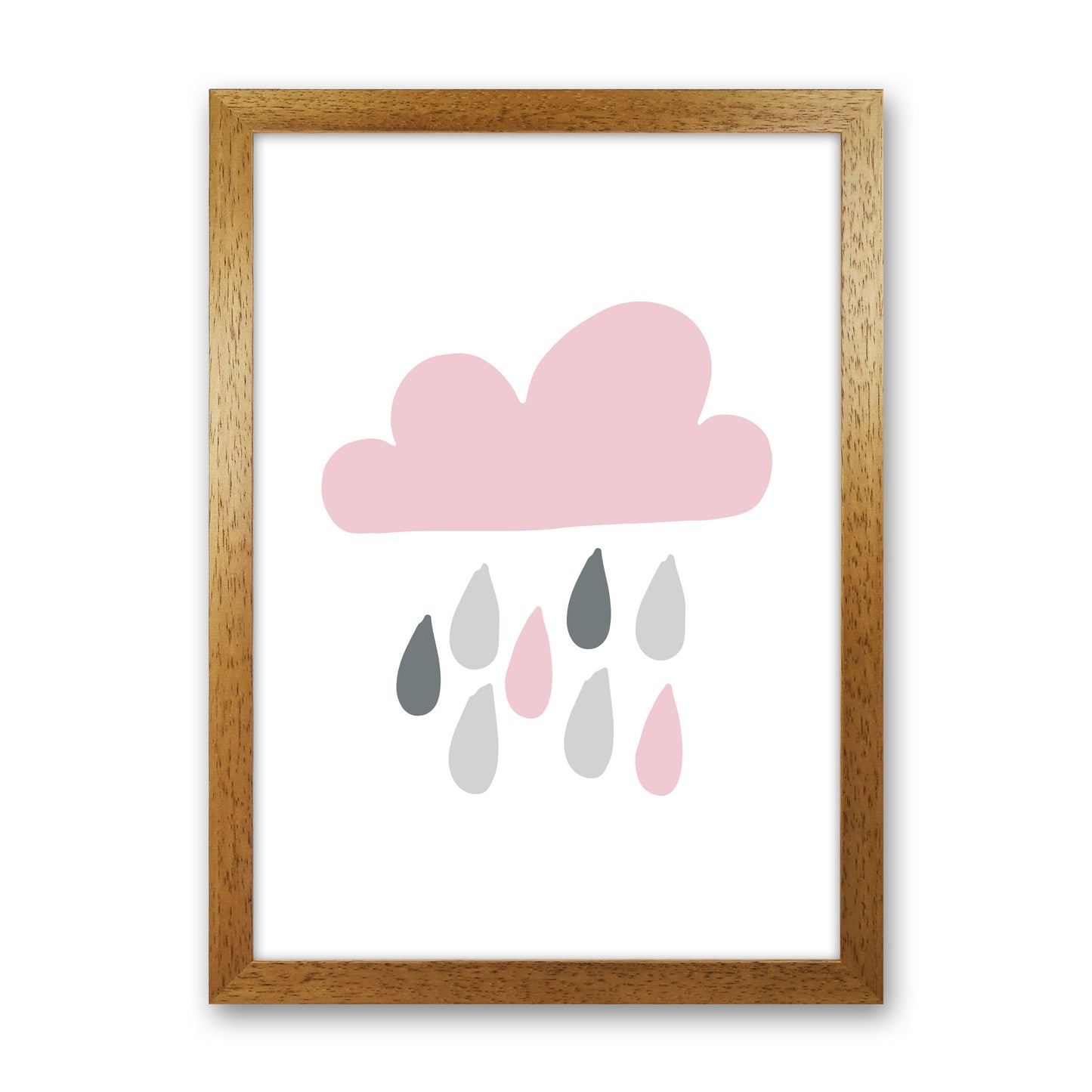 Pink And Grey Rain Cloud Framed Nursey Wall Art Print Oak Grain