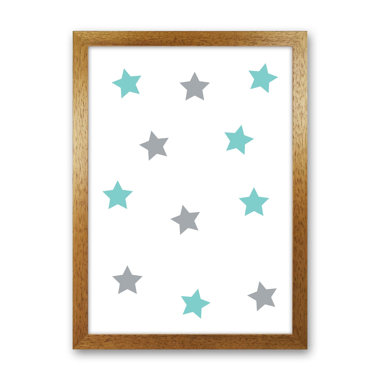 Mint And Grey Stars Framed Nursey Wall Art Print Oak Grain