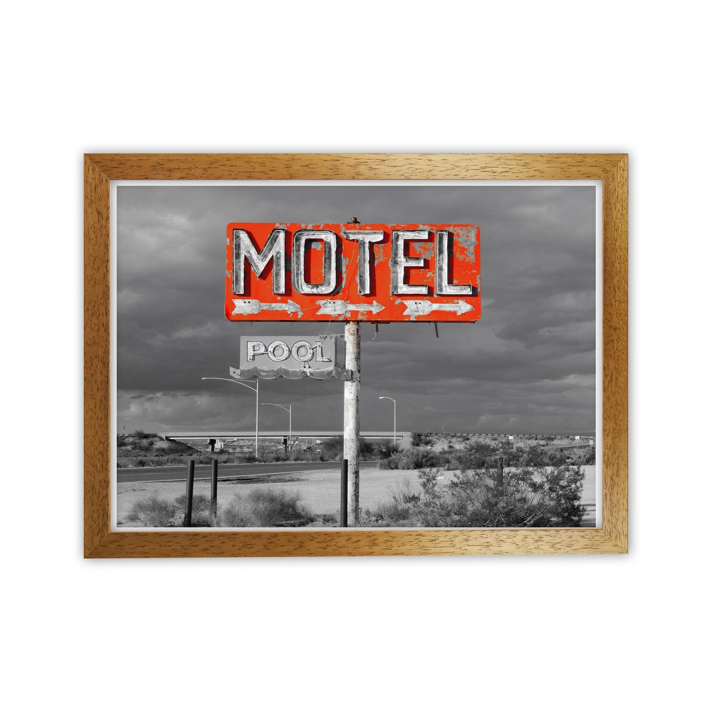 Red Motel Sign Modern Print Oak Grain