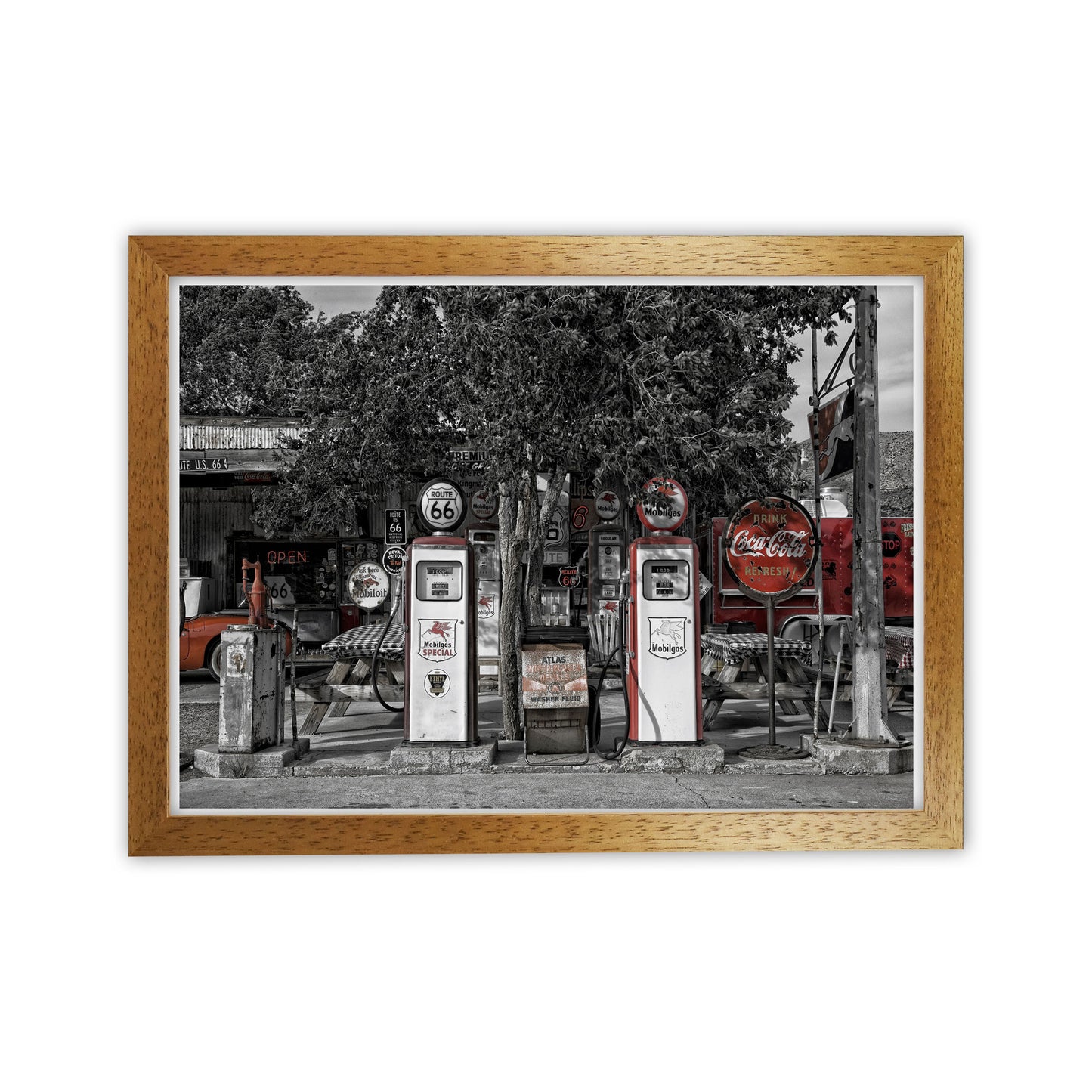 Retro Black And Red Gas Pumps Modern Print Oak Grain