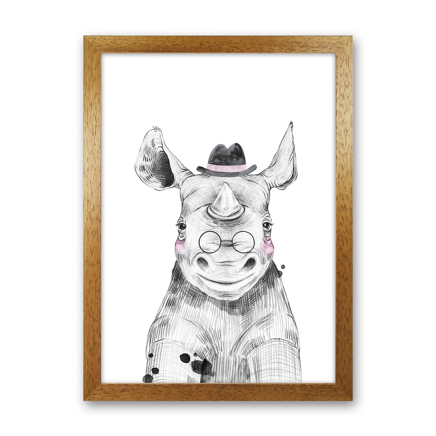 Safari Babies Rhino With Hat Art Print by Pixy Paper Oak Grain