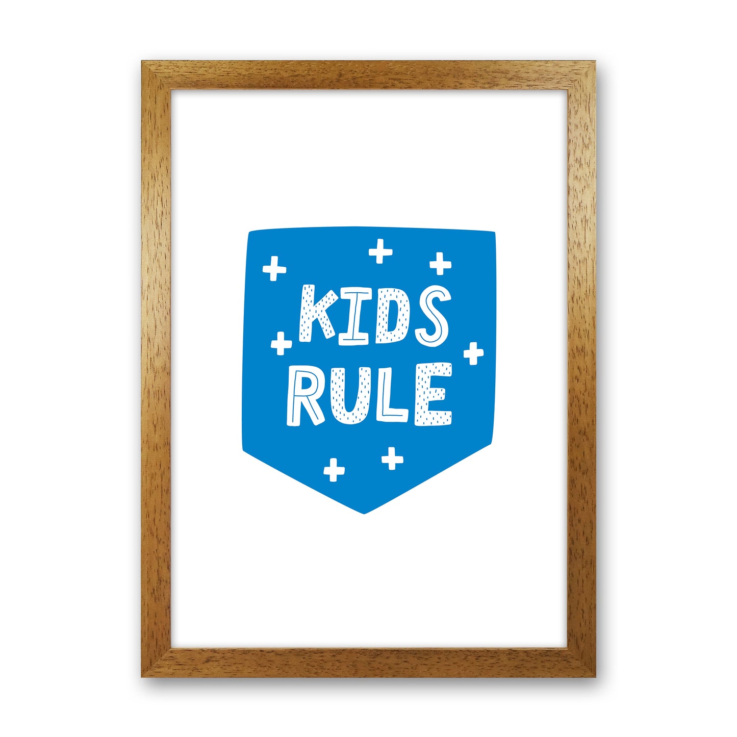 Kids Rule Blue Super Scandi Art Print by Pixy Paper Oak Grain