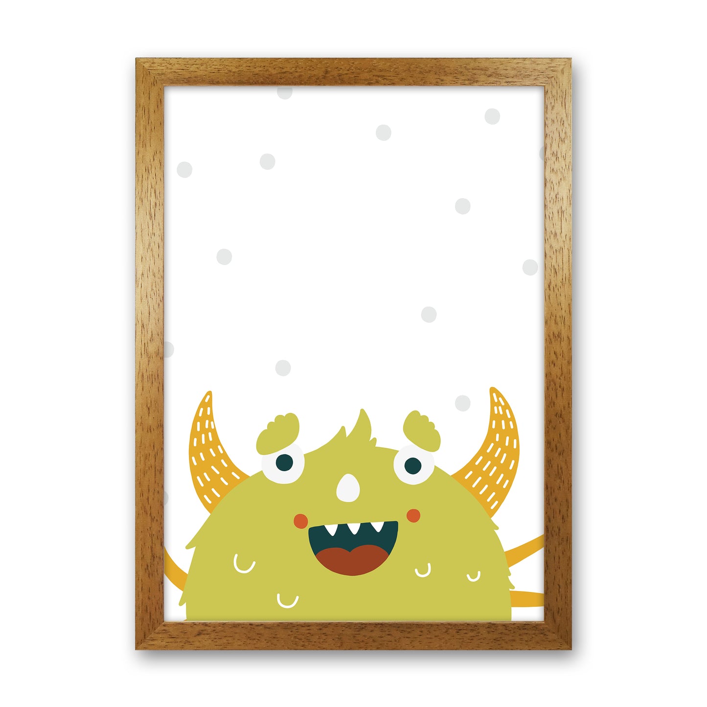 Little Monsters Green Happy Art Print by Pixy Paper Oak Grain
