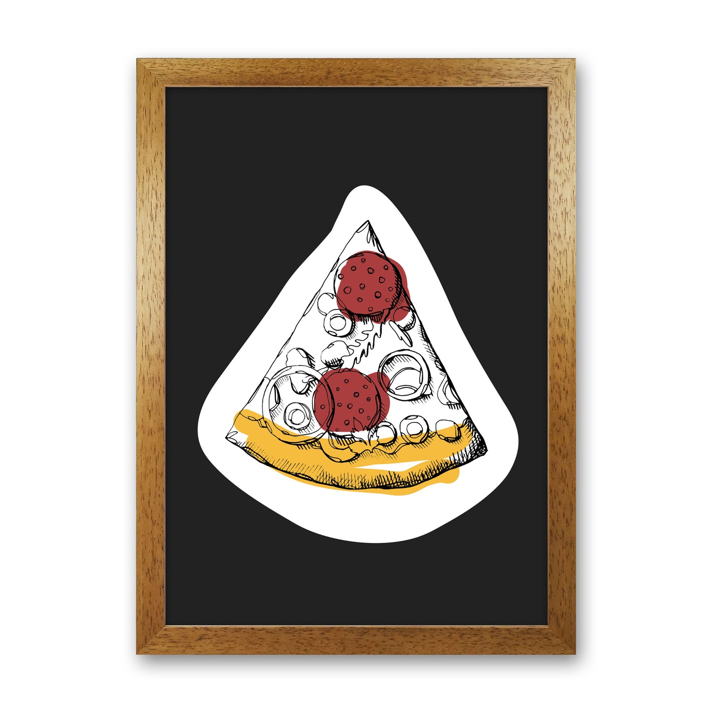 Kitchen Pop Pizza Off Black Art Print by Pixy Paper Oak Grain