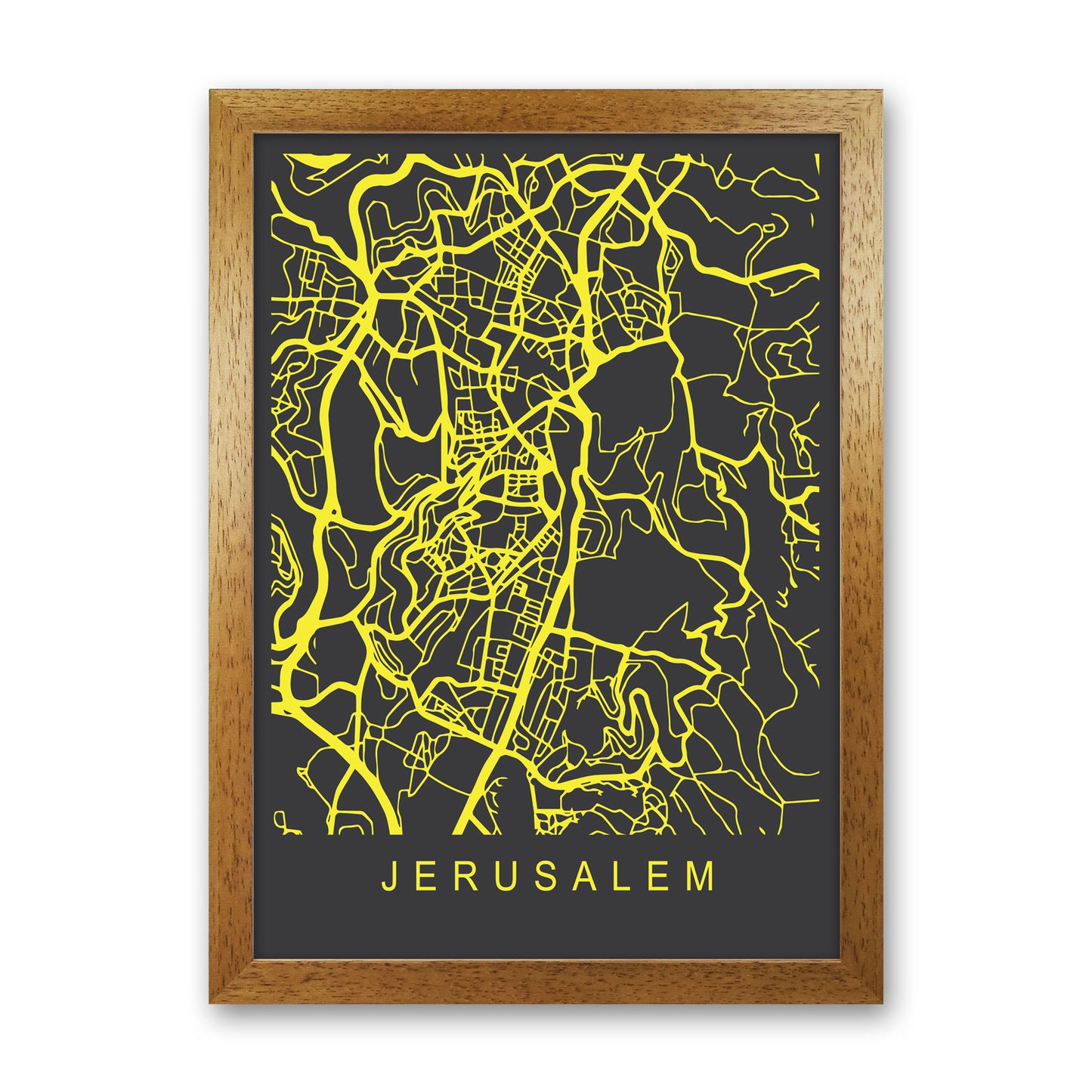 Jerusalem Map Neon Art Print by Pixy Paper Oak Grain