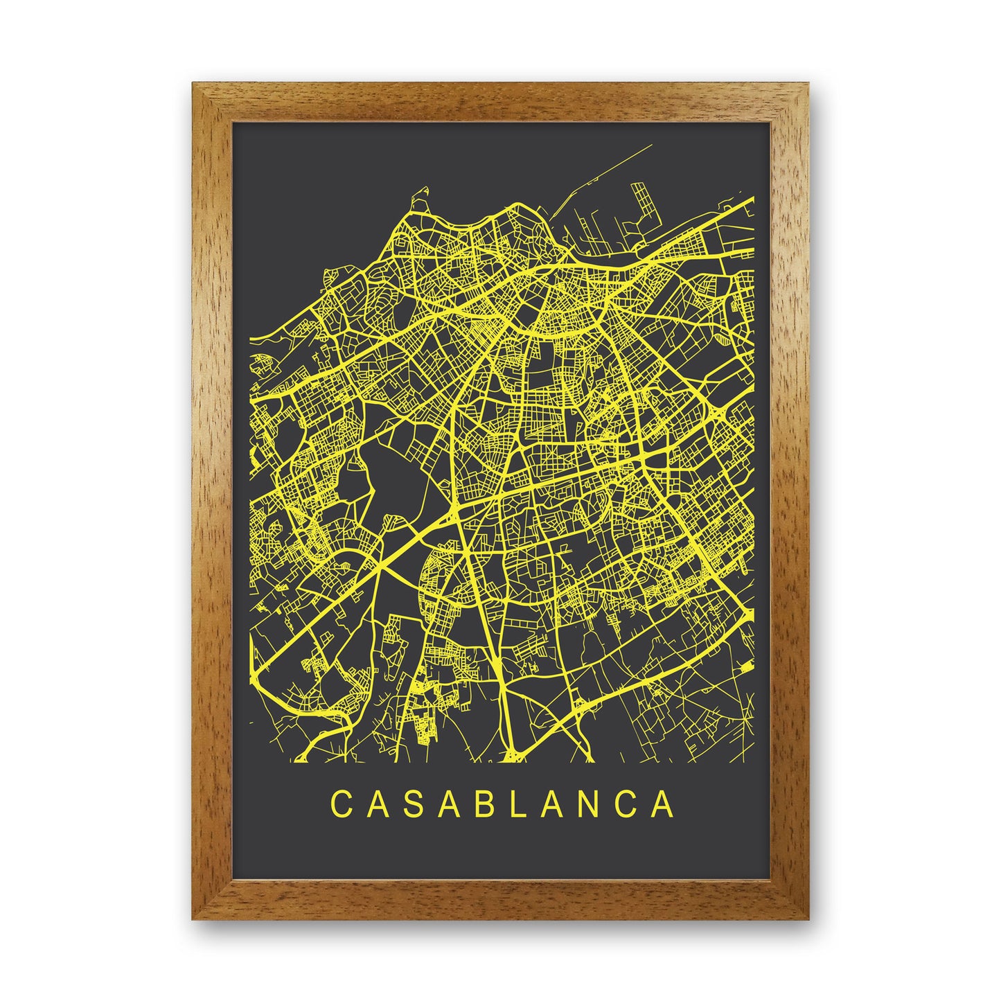 Casablanca Map Neon Art Print by Pixy Paper Oak Grain