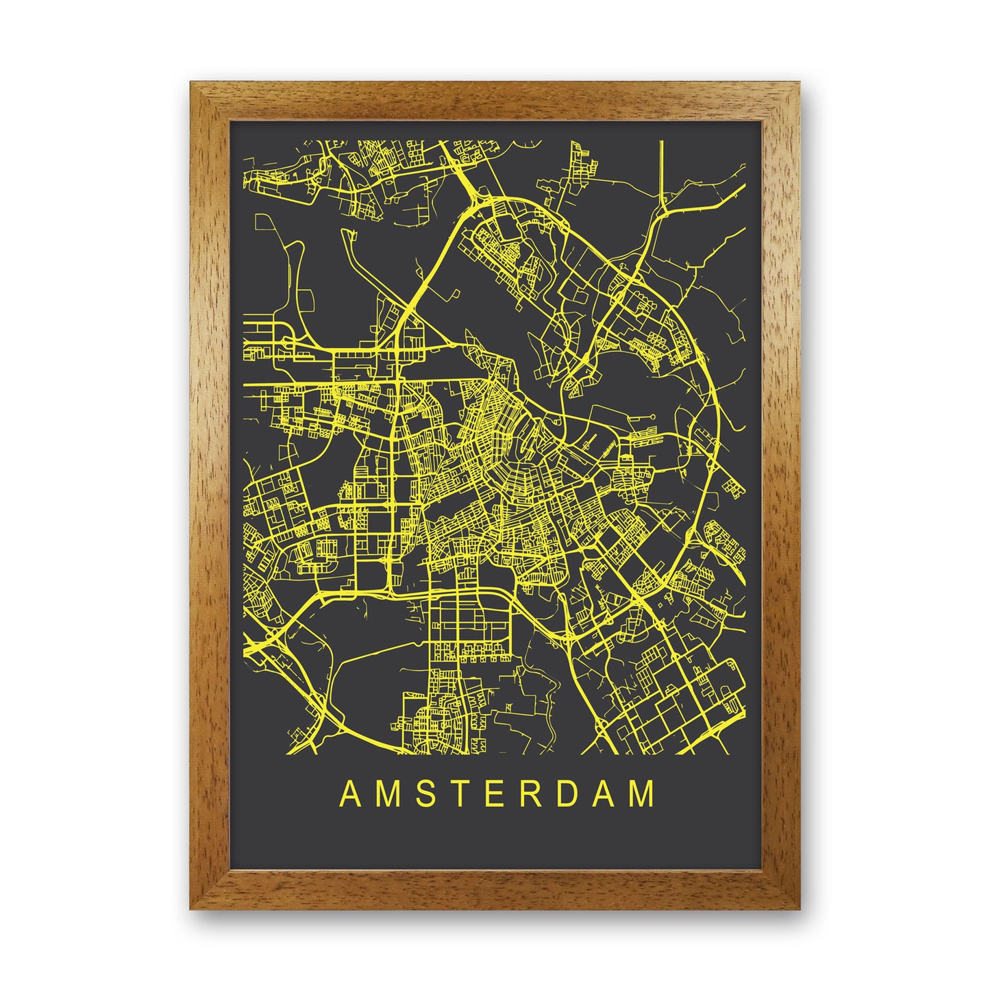 Amsterdam Map Neon Art Print by Pixy Paper Oak Grain