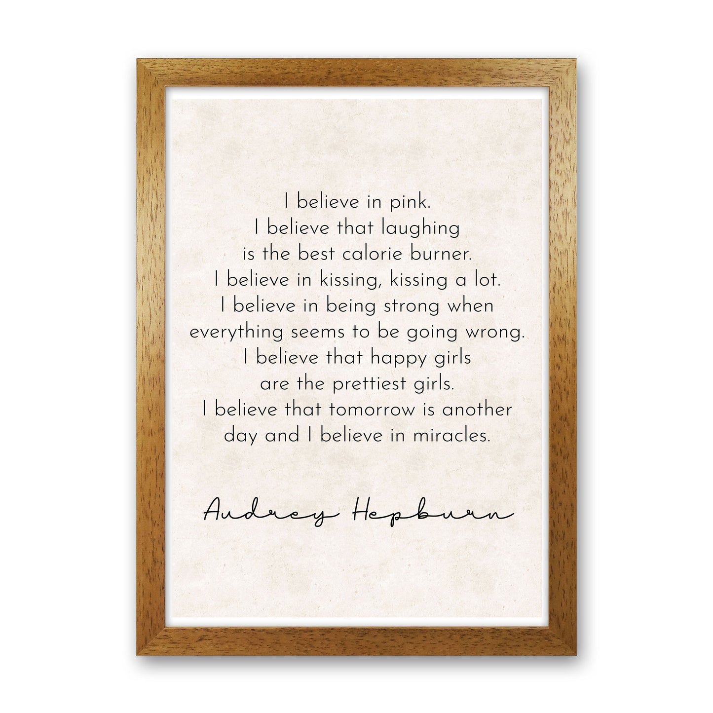 Happy Girls Are The Prettiest - Audrey Hepburn Art Print by Pixy Paper Oak Grain
