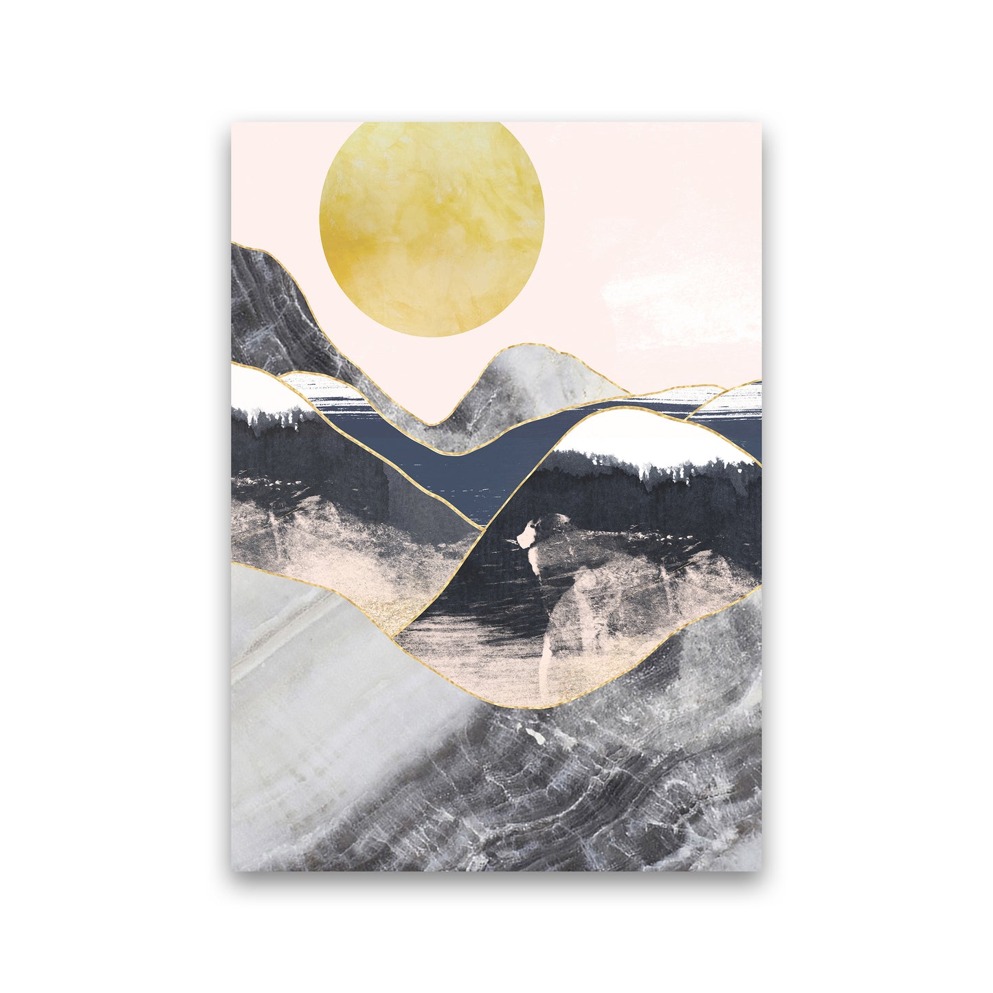 Gold Moon Navy Marble Mountains Art Print by Pixy Paper Print Only