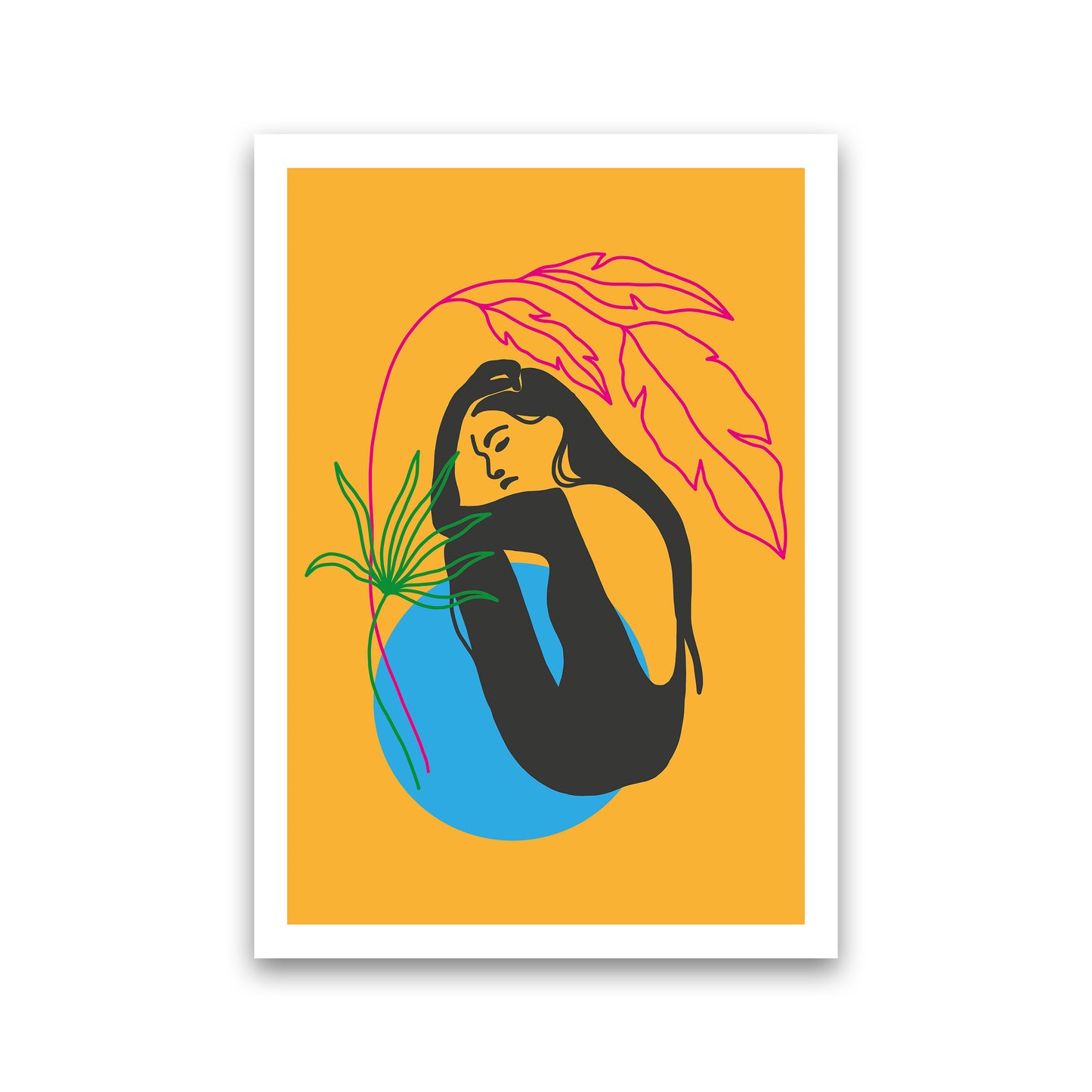 Girl Under Plant Yellow Neon Funk Art Print by Pixy Paper Print Only