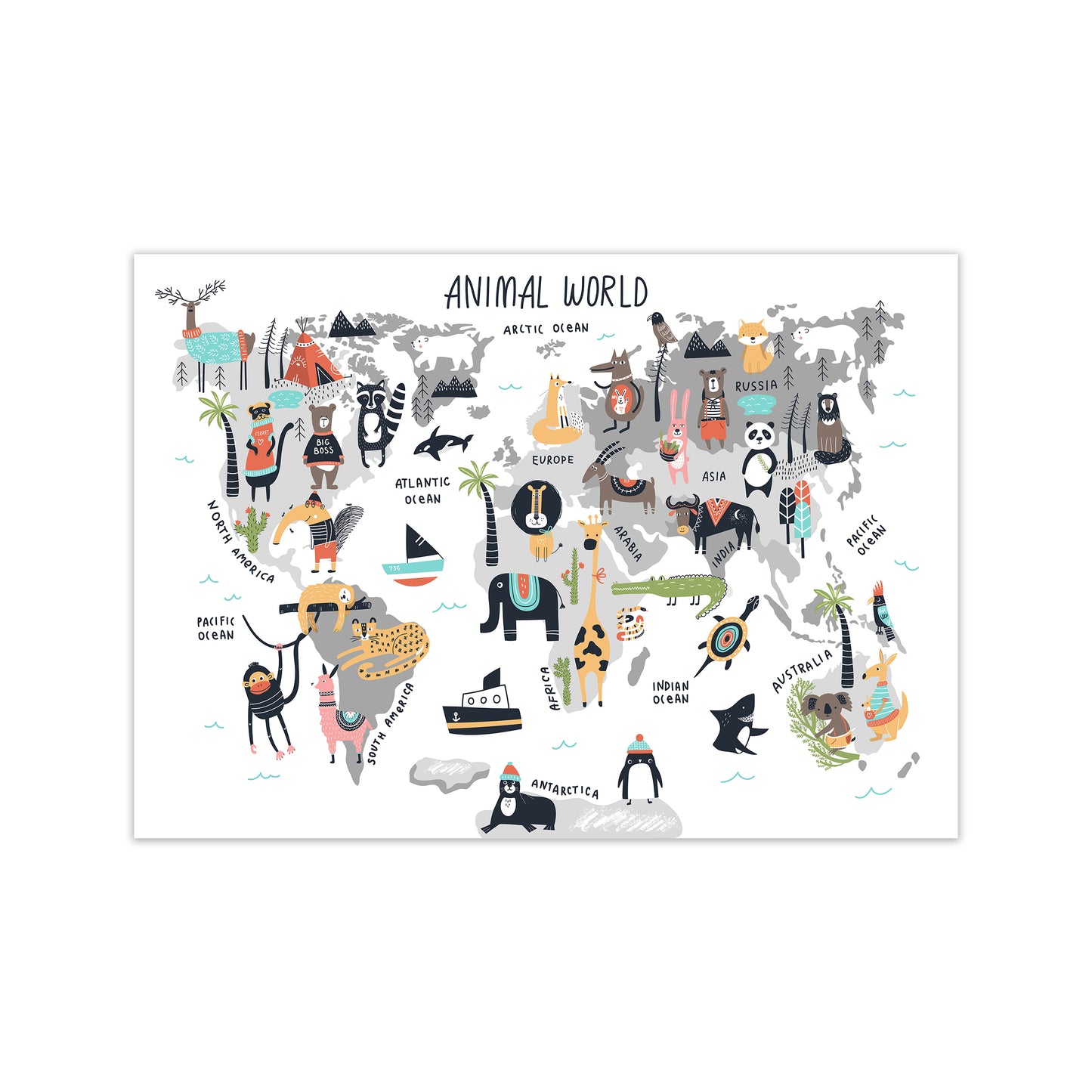 Animal World Map Art Print by Pixy Paper Print Only
