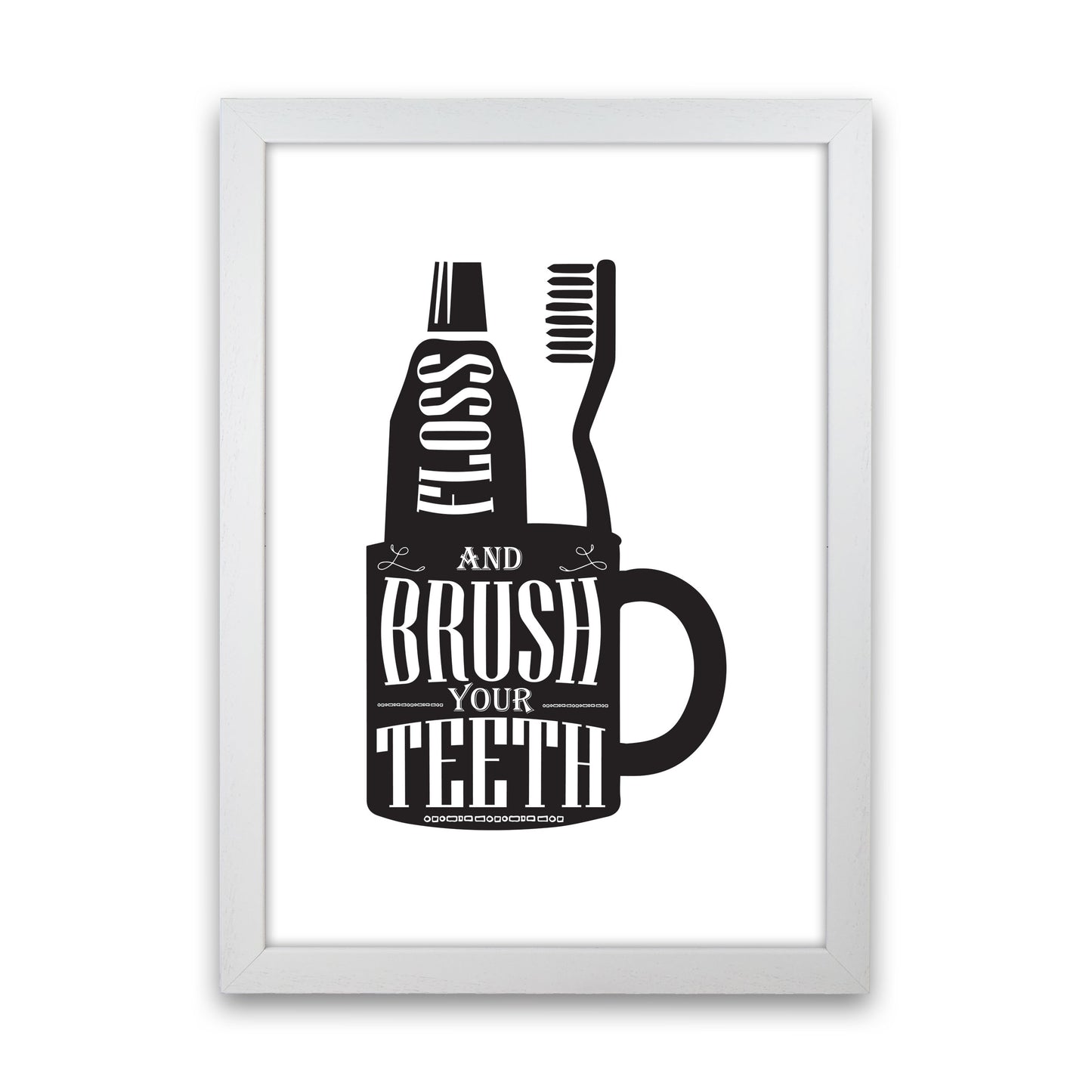 Brush Your Teeth, Bathroom Modern Print, Framed Bathroom Wall Art White Grain