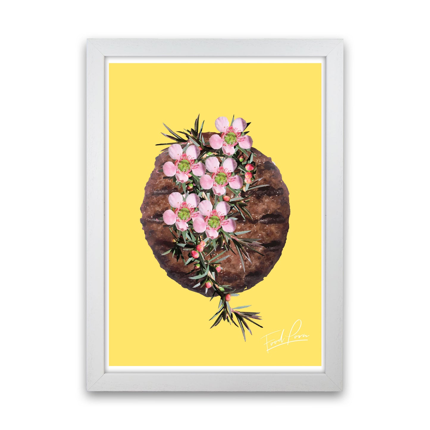 Yellow Burger Food Print, Framed Kitchen Wall Art White Grain