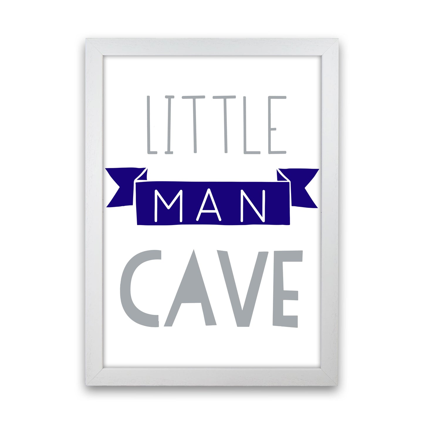 Little Man Cave Navy Banner Framed Nursey Wall Art Print White Grain