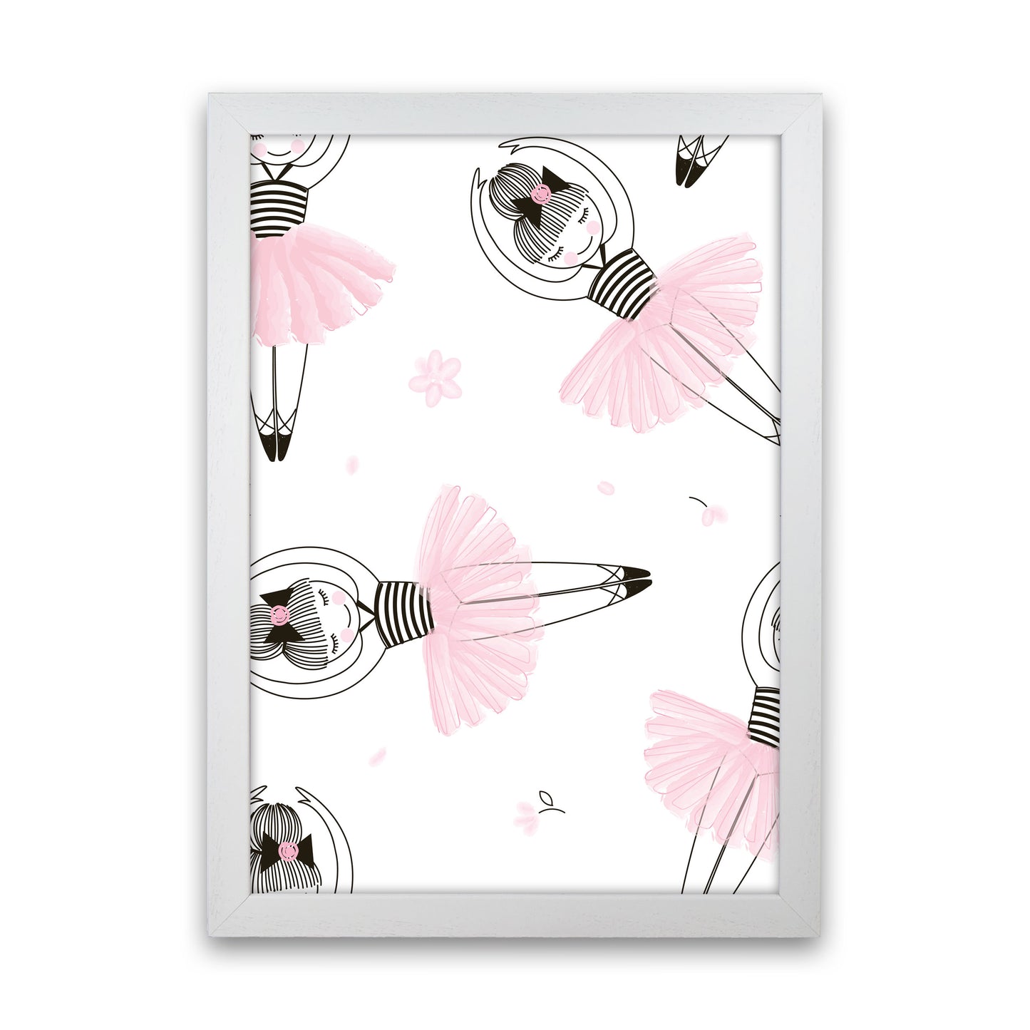 Ballerina Repeat Pattern Framed Nursey Wall Art Print White Grain