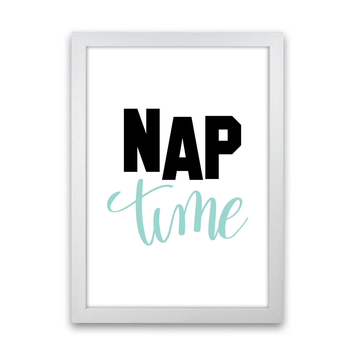 Nap Time Black And Mint Framed Typography Wall Art Print White Grain
