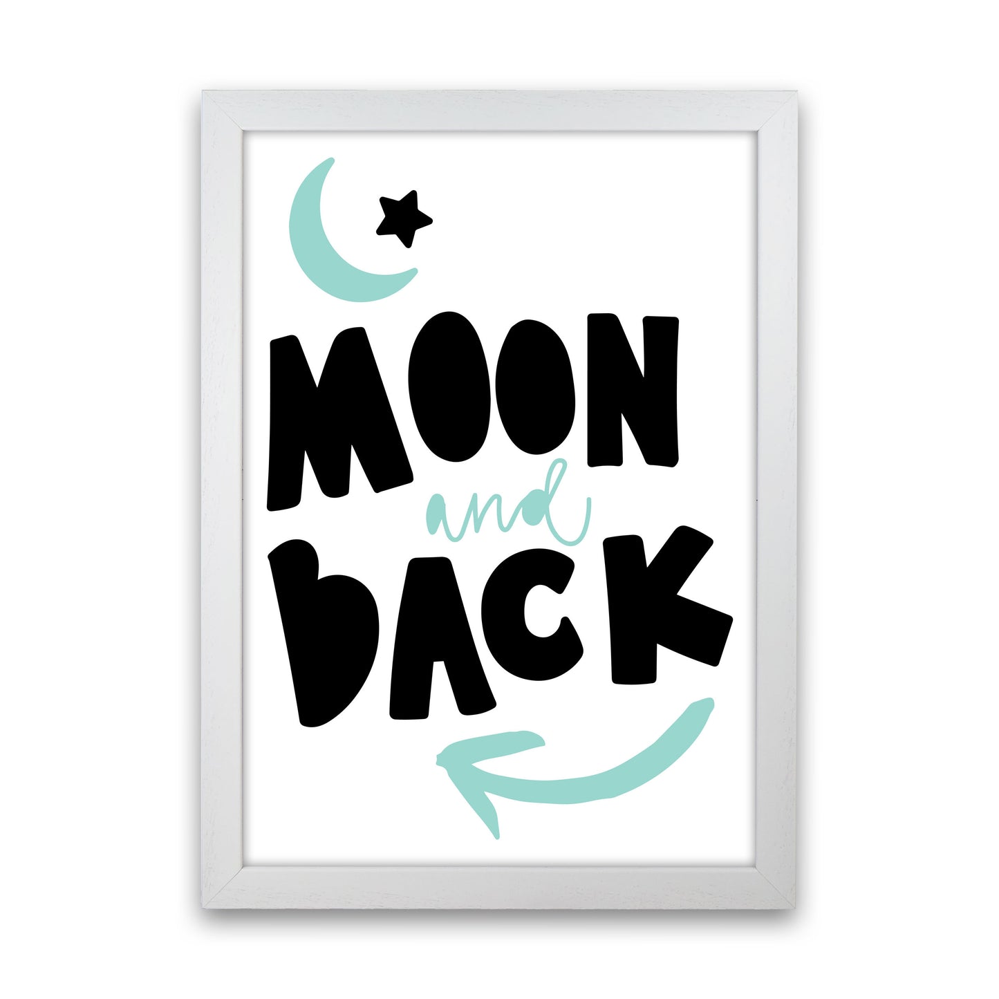 Moon And Back Black And Mint Framed Typography Wall Art Print White Grain