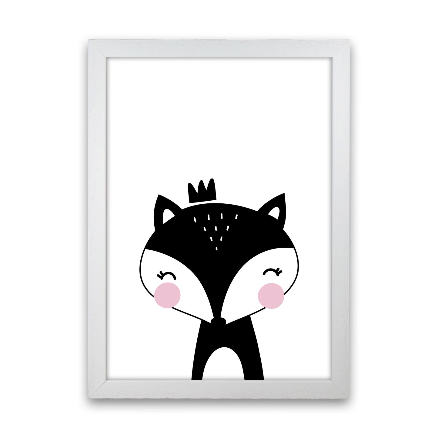 Scandi Black Fox With Crown Framed Nursey Wall Art Print White Grain