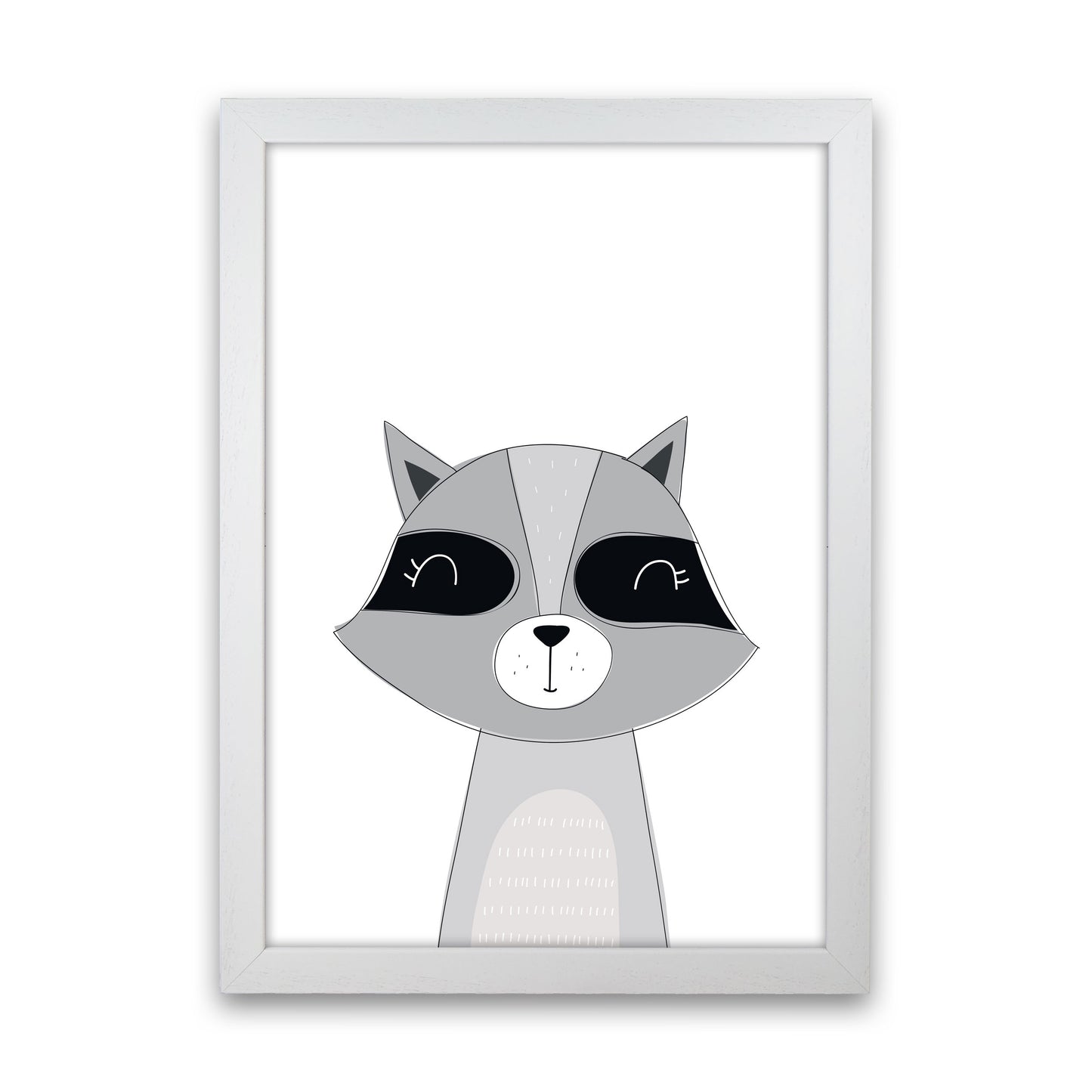Scandi Raccoon Framed Nursey Wall Art Print White Grain