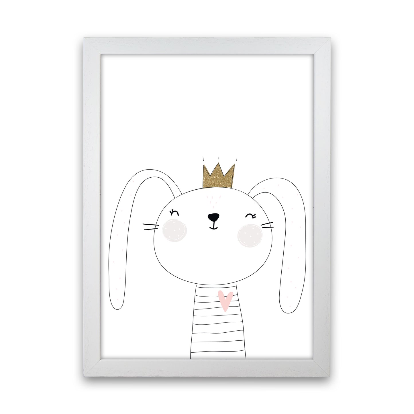 Scandi Cute Bunny With Crown Framed Nursey Wall Art Print White Grain